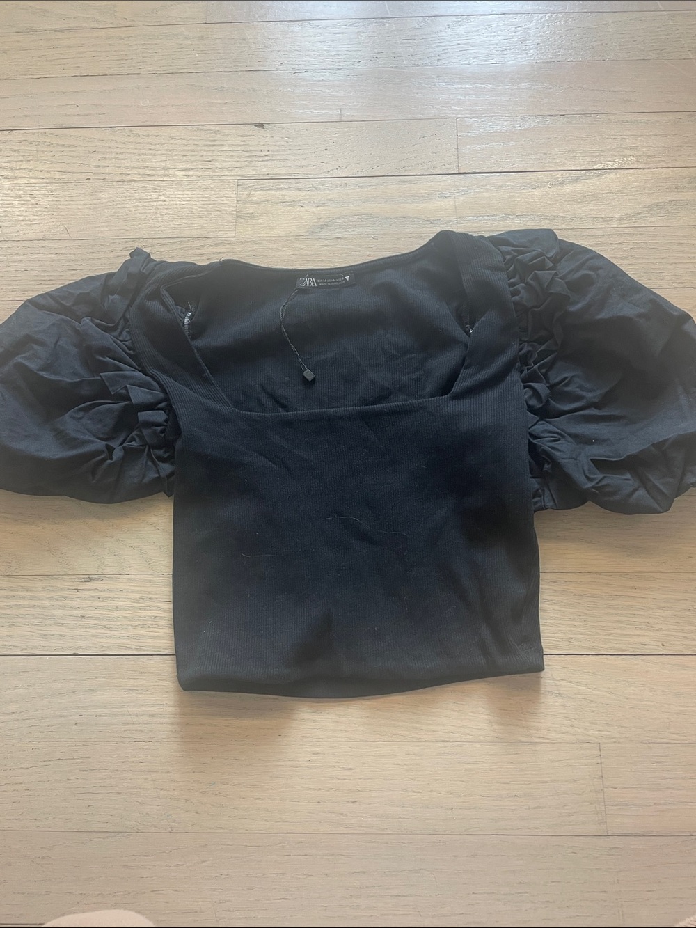 Zara Black Square Neck Puff-Sleeve Top